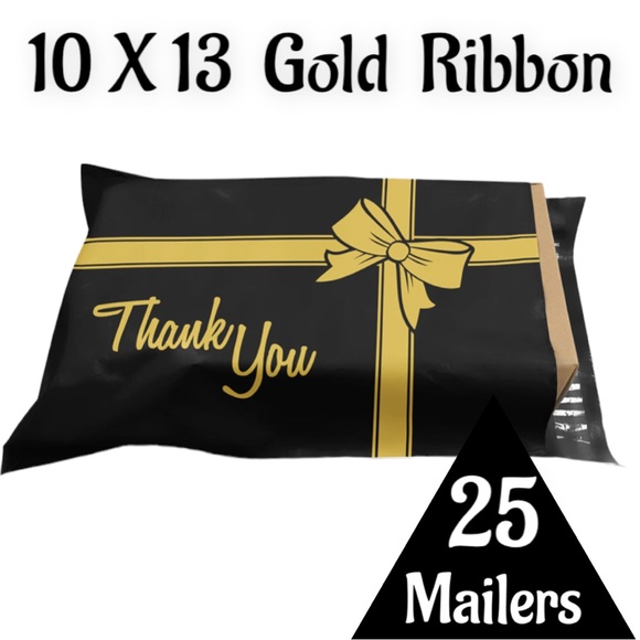 25 10X13 Poly Mailers Gold Ribbon Black, Shipping Envelopes PRICE IS FIRM - Picture 2 of 4